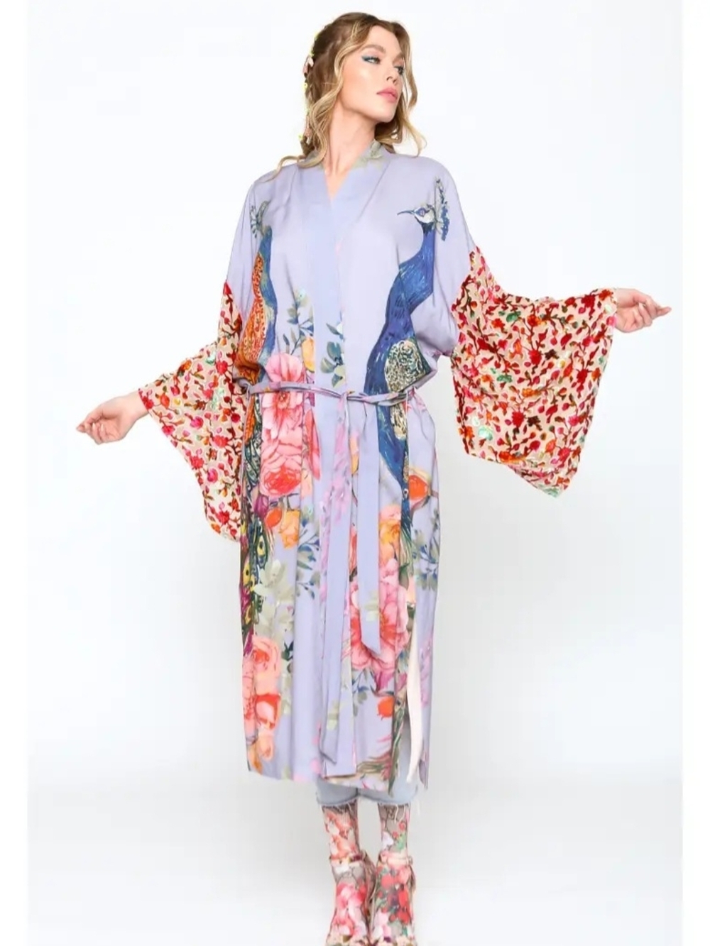 Floral Peacock Long Fantasy Kimono Robe - Lavender